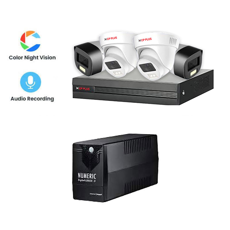 Picture of CP PLUS 4 CCTV Cameras Combo (2 Indoor & 2 Outdoor CCTV Cameras) (Colour's View with mic) + DVR + HDD + Accessories + Power Supply + 90m Cable + NUMERIC 600 EX V UPS